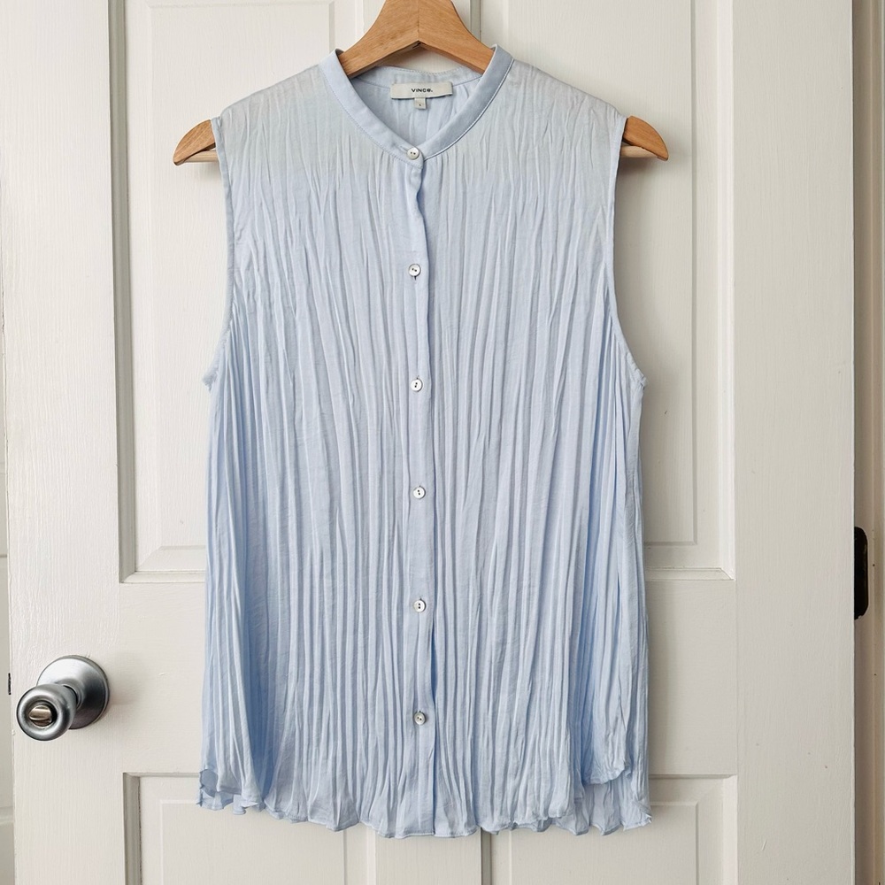 VINCE Crushed Band Collar Sleeveless Blouse Powder Blue Pleated Size L